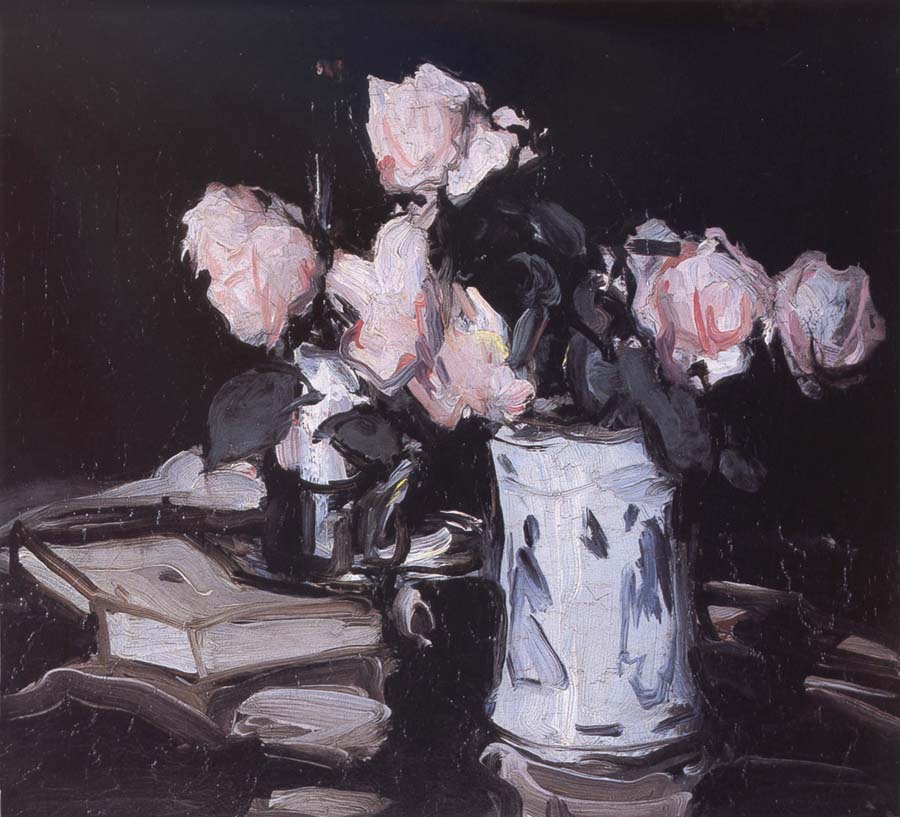 Roses in a Blue and White Vase,Black Background